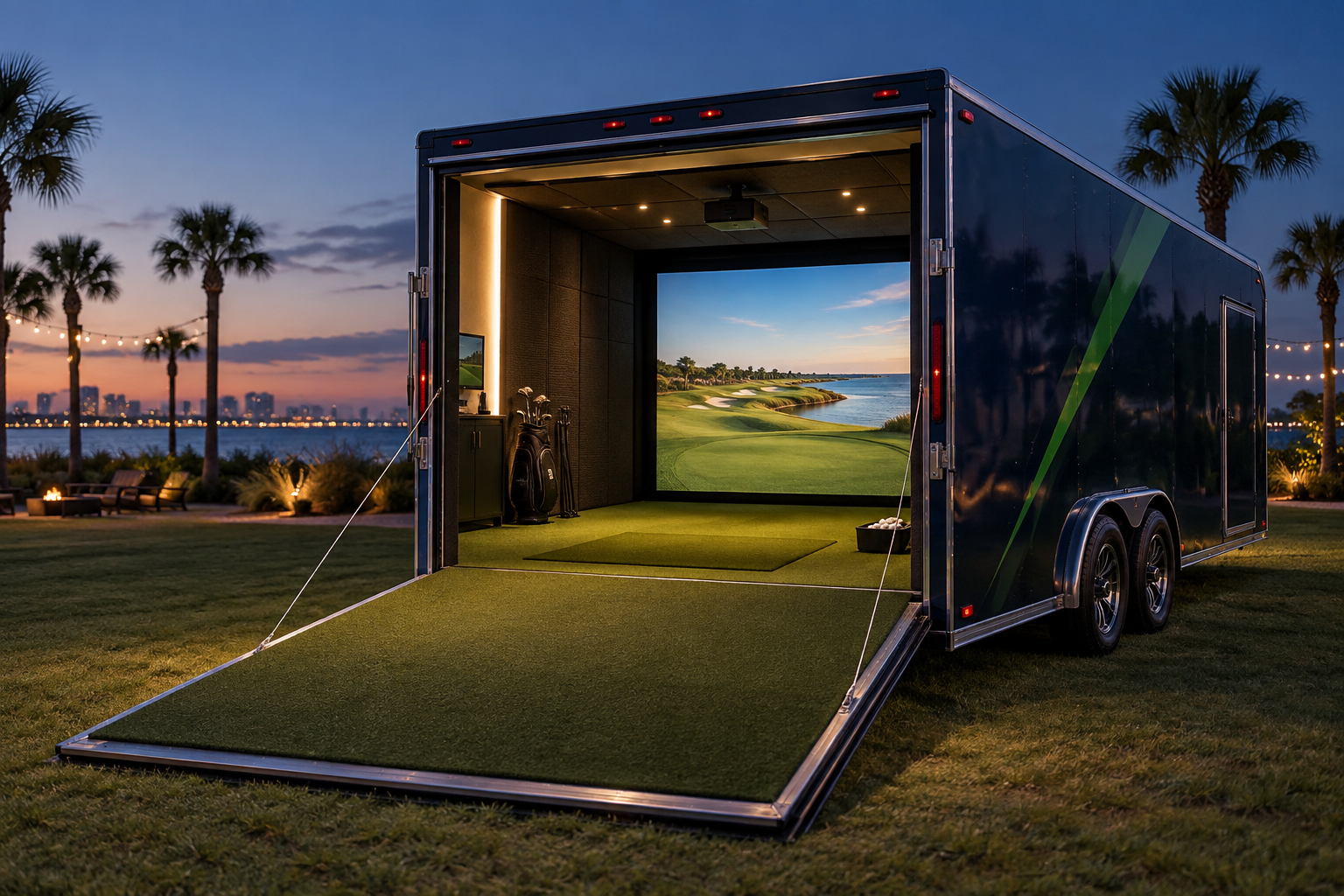 Concept rendering of a navy mobile golf simulator trailer with an open turf ramp and a warmly lit simulator bay at a coastal evening gathering